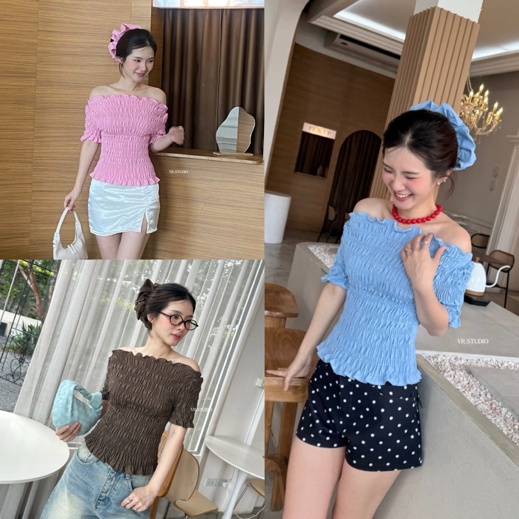 GISELLE TOP เสื่อปาดไหล่เเขนสั้น เเต่งสม็อคผ้าคอตตอลลินพรีเมียม เเถมยางรัดผม ฟิลโคเรียสไตล์ อก 28"-46"