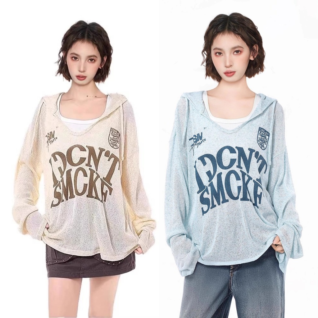 เสื้อแขนยาวผู้หญิง เสื้อกันเเดดทรงหลวม สไตล์อเมริกา ผ้าไหมพรม ออกแบบสวย #1502375