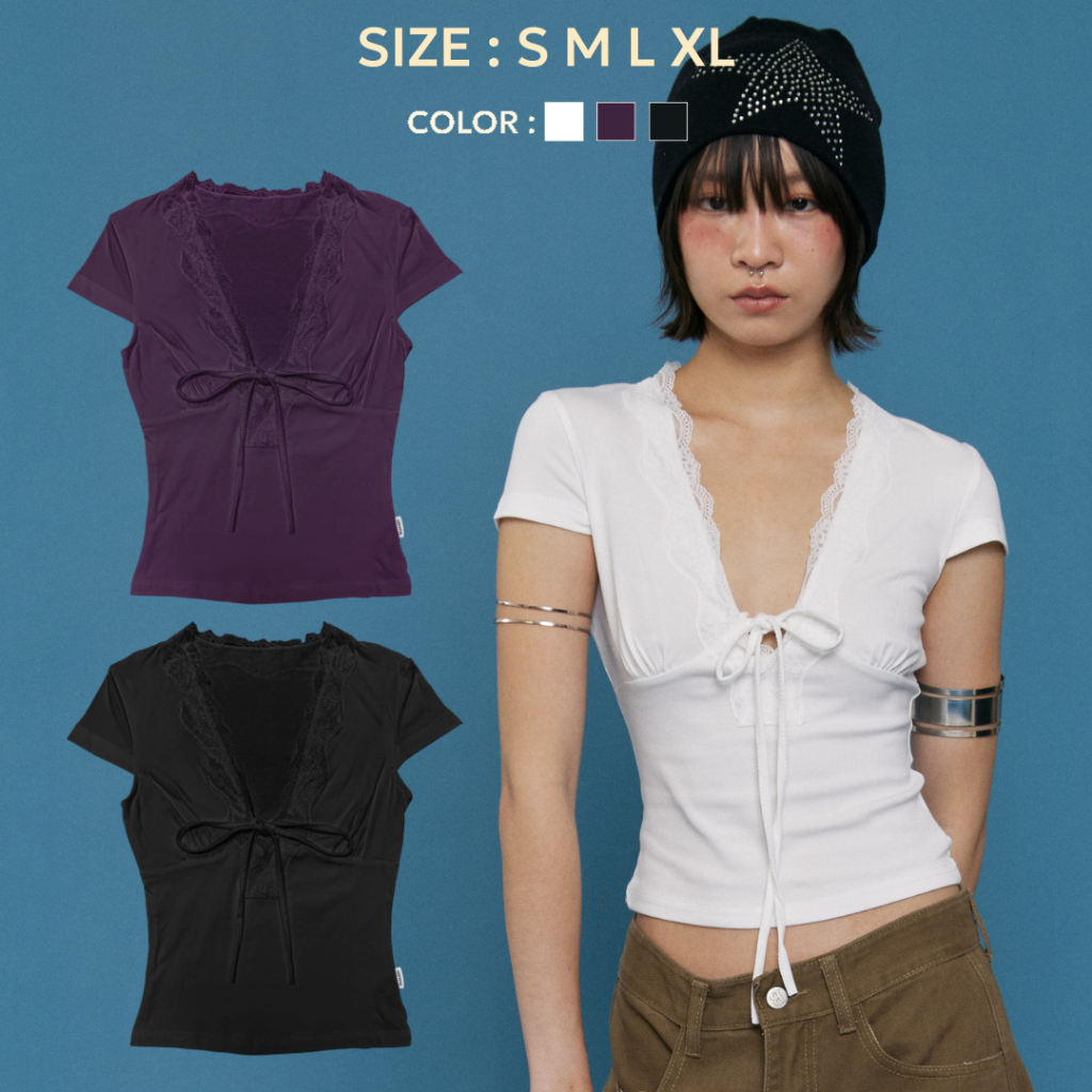 Bemingtop949(S-XL)-Lacey V Bow Top – เสื้อลูกไม้ผูกโบว์หวานกรุบ 💕