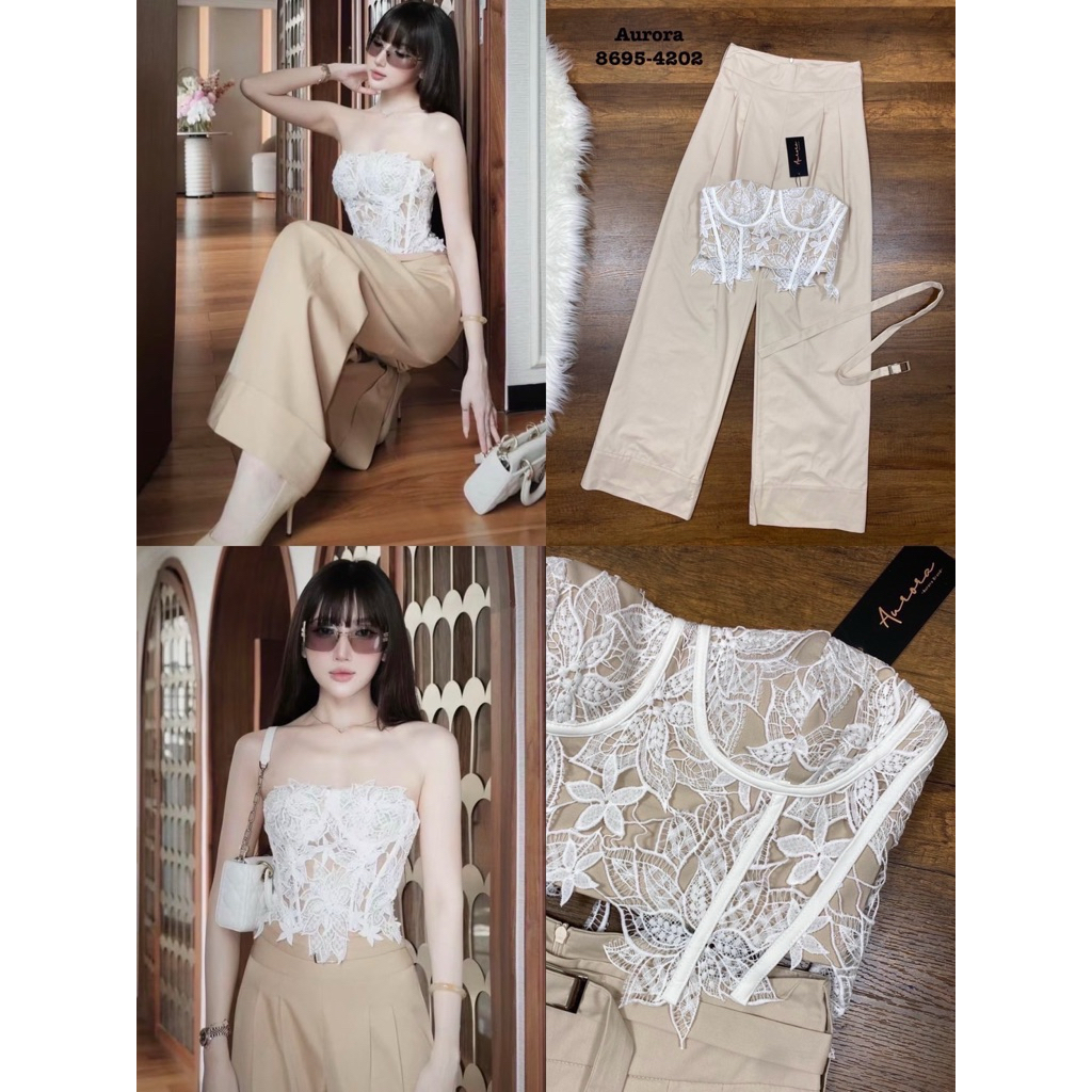 M10 Aurora Set ชุดเซ็ทเสื้อเกาะอกผ้าลูกไม้+กางเกงขายาว+เข็มขัด สำหรับผู้หญิง เสื้อผ้าแฟชั่นผู้หญิง ไซส์ Xs-XL