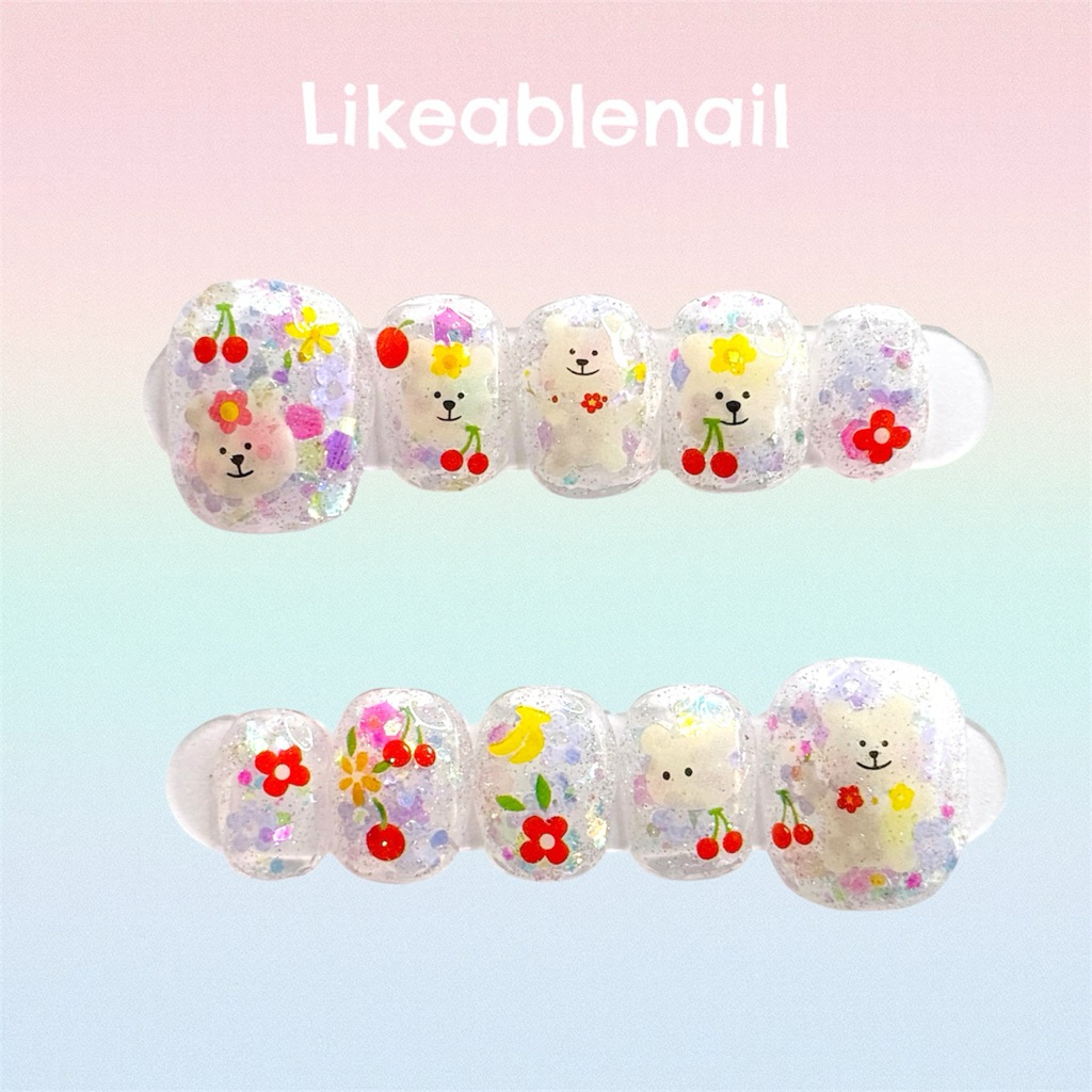 เล็บปลอมสำเร็จรูป 💅🏻 พร้อมติด 💅🏻 เล็บเจลแท้100% 💖พร้อมส่ง💖 ✨ลายน้องหมีดอกไม้✨