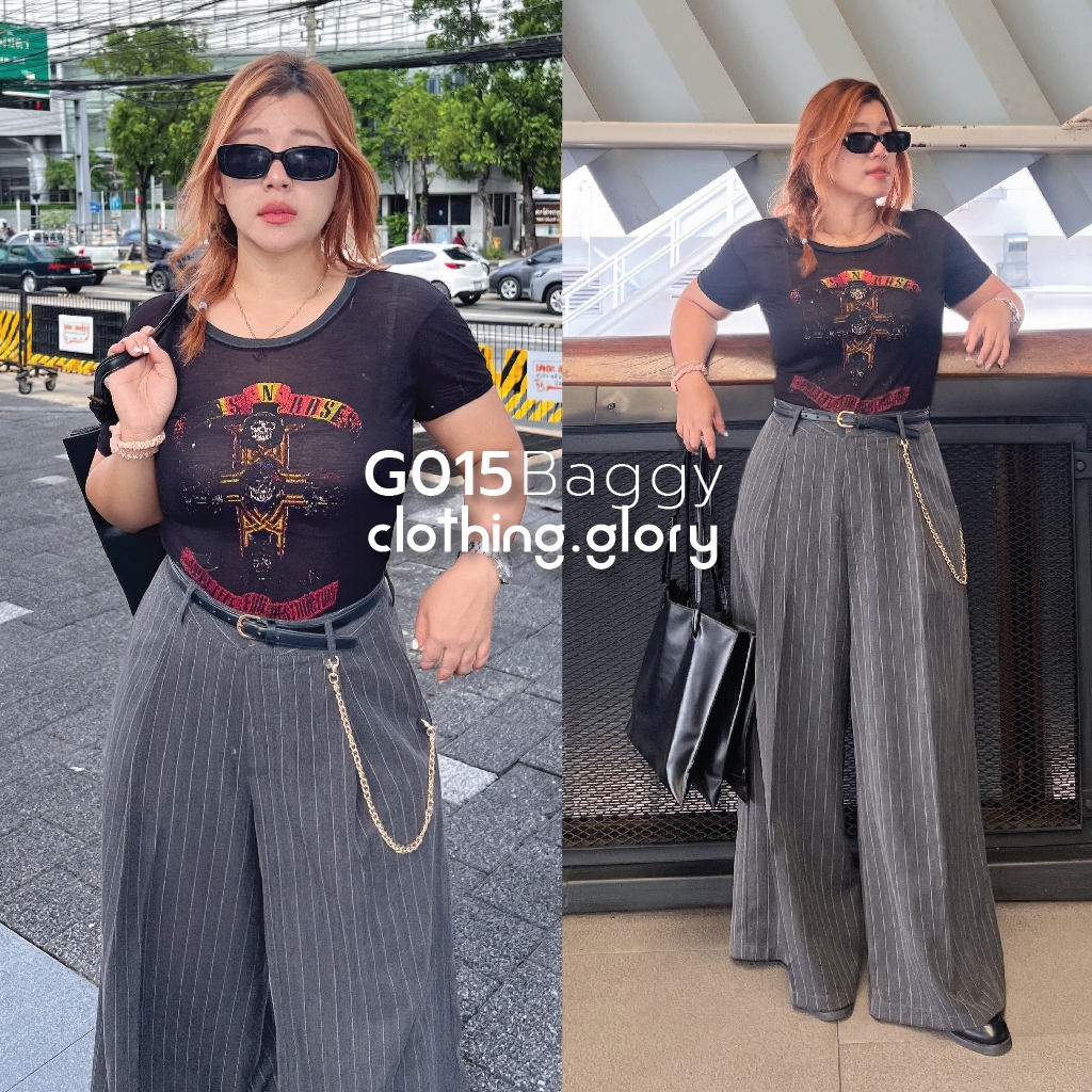 G015 รุ่น Baggy กางเกงขากว้าง ลายทางสีเทา