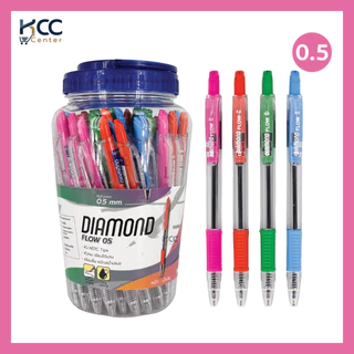 (ยกกระปุก/50ด้าม) ปากกา ปากกาลูกลื่น Diamond รุ่น Flow 0.5 0.7 มม หมึกน้ำเงิน ด้ามหลากสี คละสี