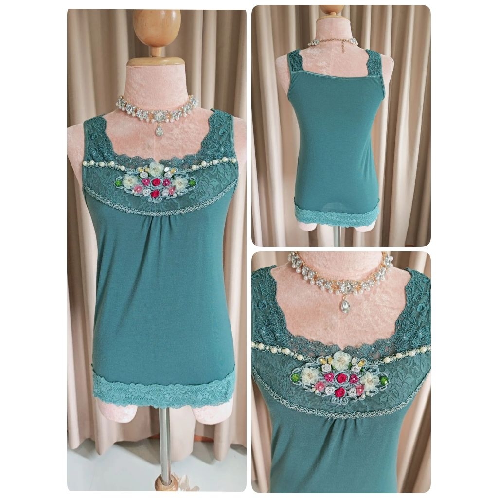 เสื้อกล้ามยาว แบรนด์ Axes femme มือ 1 ของใหม่ สีชมพูปลายประดับลูกไม้ ชายเสื้อประดับลูกไม้😘💕แบรนด์ญี่