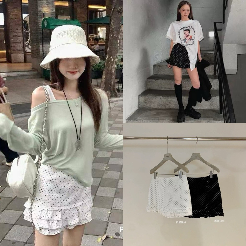 ส่งแมส 🛵 𝐖𝐆.𝐖𝐄 🇰🇷 #6267 Polkadot skirt  กระโปรงกางเกงลายจุด มีชับในซิปหลัง ไม่มีตกเทรน