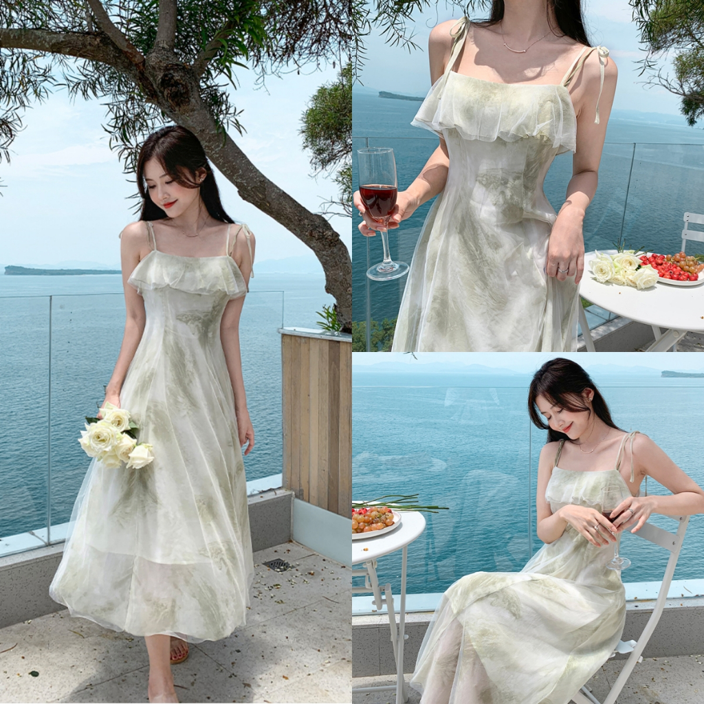 เดรสเปิดไหล่สไตล์ฝรั่งเศส แม็กซี่สีเขียว สายเดี่ยว เอวสูง ระบาย เนื้อผ้าเก๋ไก๋ สวมใส่สบาย เหมาะสำหรับไปชายหาด