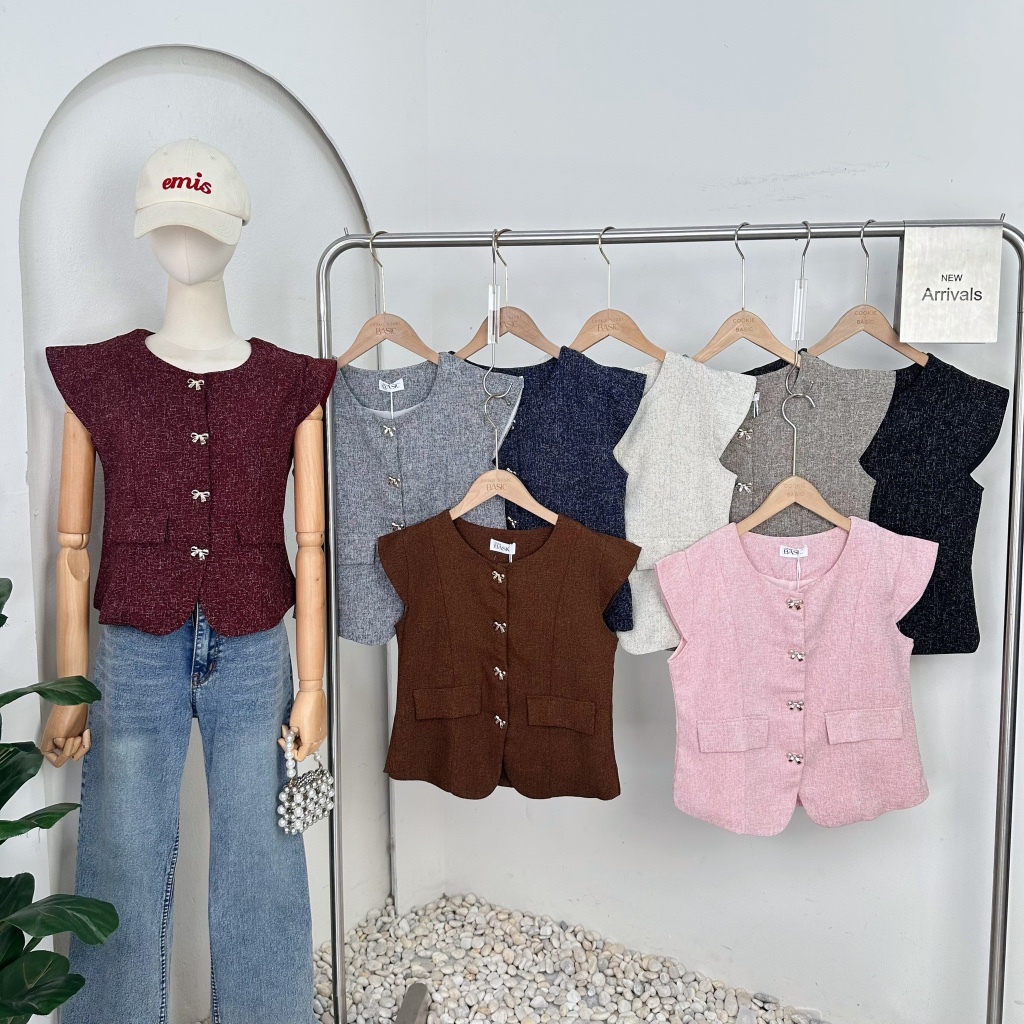 Mook_shop เสื้อทวิตทอคอกลม กระดุมโบว์ เสื้อผ้าผู้หญิง เสื้อผ้าแฟชั่น