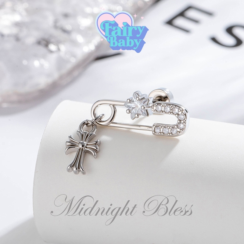 Fairybaby จิว Midnight Bless ( 1 ชิ้น) แป้นแบน จิวตุ้มหู ดีไซน์ เข็มกลัด ตุ้งติ้ง ไม้กางเขน น่ารัก 0.8 ยาว 6 (J3-069)
