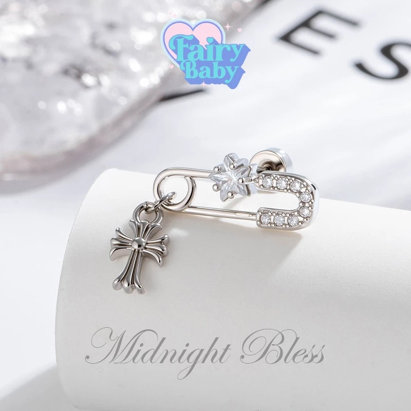 Fairybaby จิว Midnight Bless ( 1 ชิ้น) แป้นแบน จิวตุ้มหู ดีไซน์ เข็มกลัด ตุ้งติ้ง ไม้กางเขน น่ารัก 0.8 ยาว 6 (J3-069)