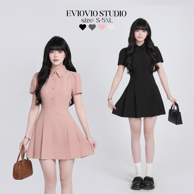 【EVIOVIO】 S-5XL เดรสสั้น คอปกเชิ้ต แขนสั้นพัฟ กระดุมหน้า กระโปรงทรงเอ สไตล์หวานสุภาพ เกาหลี
