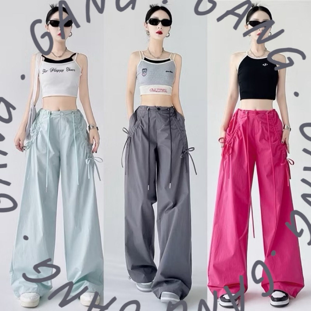 Gang_jeans#9651(A) กางเกงขายาว ผ้าร่ม รูดโบว์ น่ารัก เชือกรูดหน้ามีตัวล๊อค