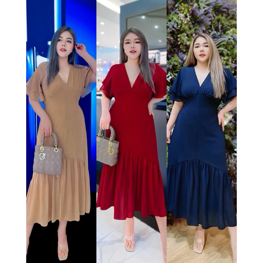 🥇Best Seller🥇เดรสยาวหางปลาผ้าชีฟองเกรดพรีเมี่ยมไม่ยับง่าย คอวีแขนระบายสองชั้น โทนสีออกงานหรูหรา No.4 ไซส์ 2 #Maisie Shop