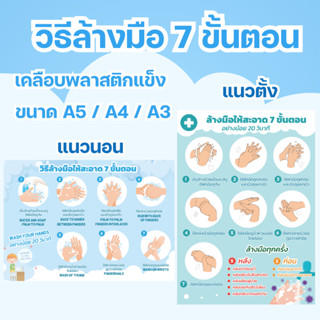 ป้ายวิธีล้างมือ 7 ขั้นตอน เคลือบพลาสติกแข็ง กันน้ำ