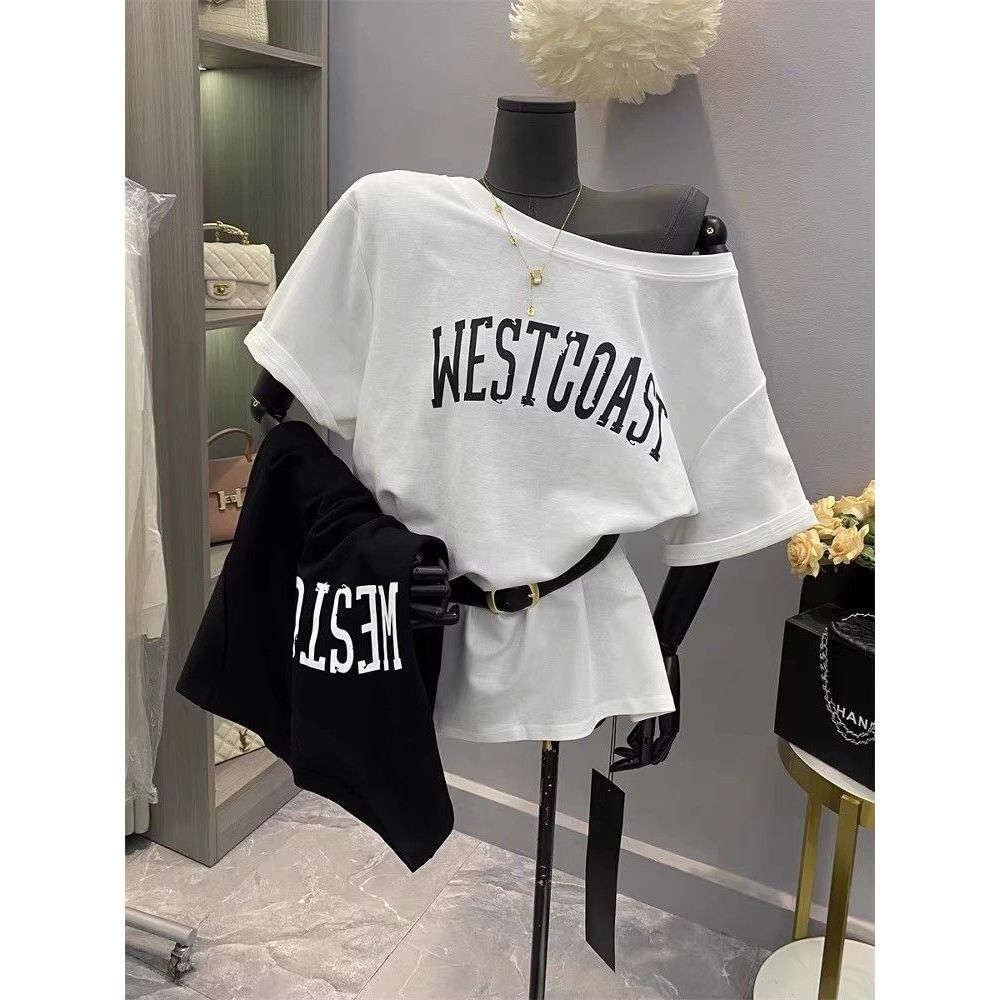 เสื้อปาดไหล่แขนสั้นผู้หญิง oversize คอกว้าง แฟชั่นเกาหลี สาวอวบใส่ได้ สไตล์วินเทจ ปิดไหล่ ใส่ชิวชิว มินิมอล ใส่สบายM-XXL