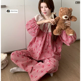 (ราคาถูกที่สุด) ชุดนอนผู้หญิง， ผ้าฝ้ายคุณภาพดี， ลูกไม้ที่สวยงาม， ขายาว+เสื้อ，M-2XL