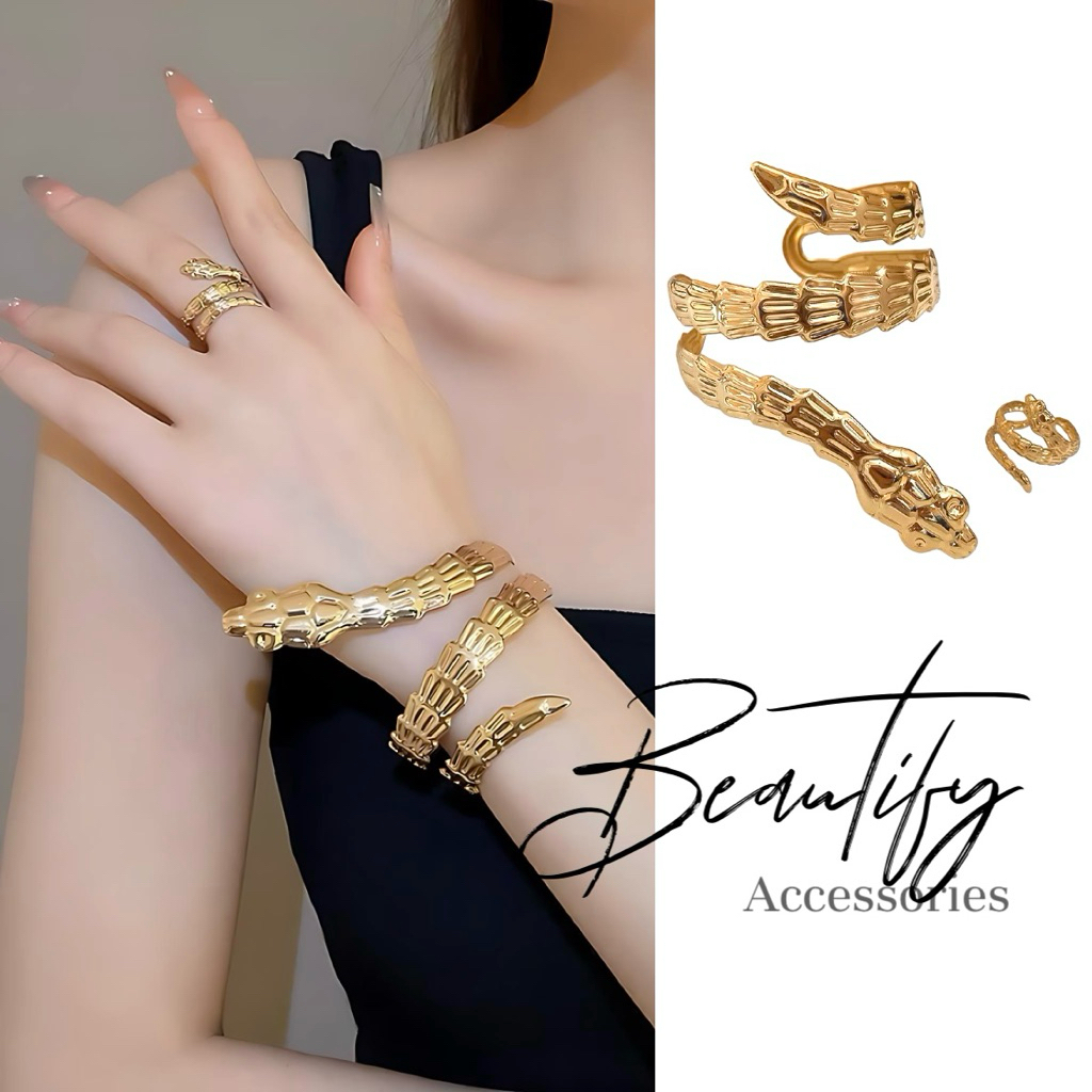 𝓑𝓮𝓪𝓾𝓽𝓲𝓯𝔂 เซ็ตกำไลข้อมือแหวนประดับนิ้วดีไซน์งู ใส่แล้วเก๋แบบมีสไตล์มีสีเงินและสีทอง