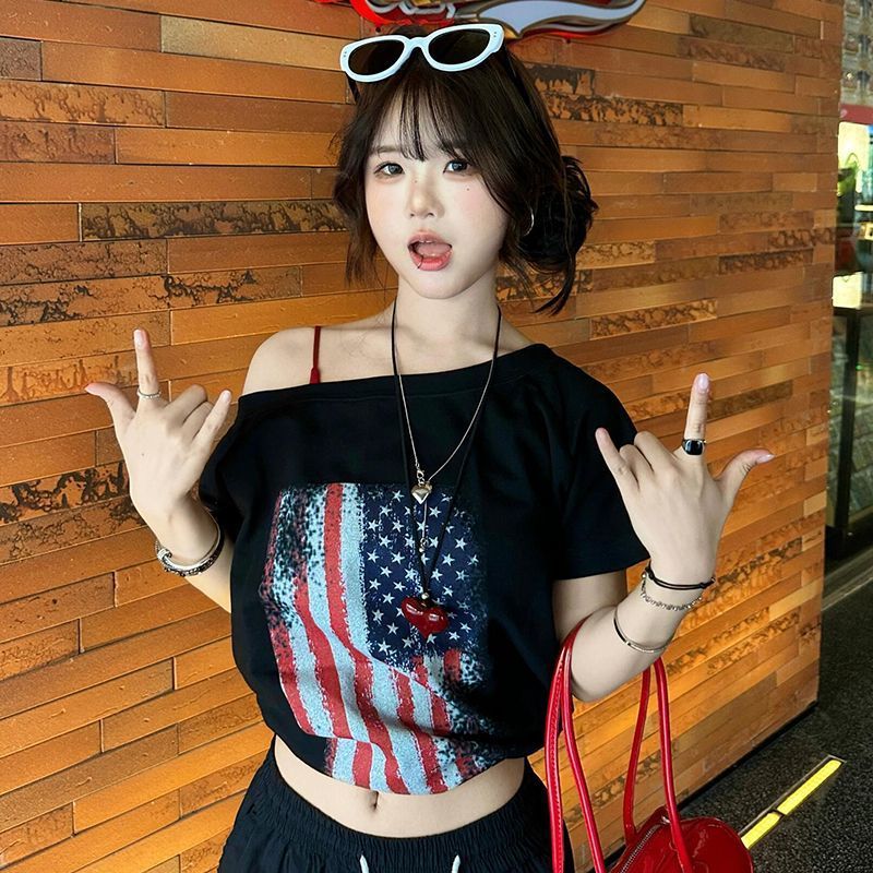 เสื้อยืดวินเทจ เสื้อปาดไหล่ เสือใส่สบาย ทรงหลวม เสื้อยืดผู้หญิง คอกว้าง แขนสั้น สีเทา สาวอวบใส่ได้ โอเวอร์ไซส์ขนาดใหญ่