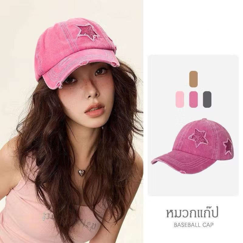 หมวกแก๊ปเบสบอลลายดาวห้าแฉกกลิตเตอร์ สไตล์เกาหลีY2K ด้านหลังสามารถปรับขนาดหมวกให้เข้ากับศีรษะMQ