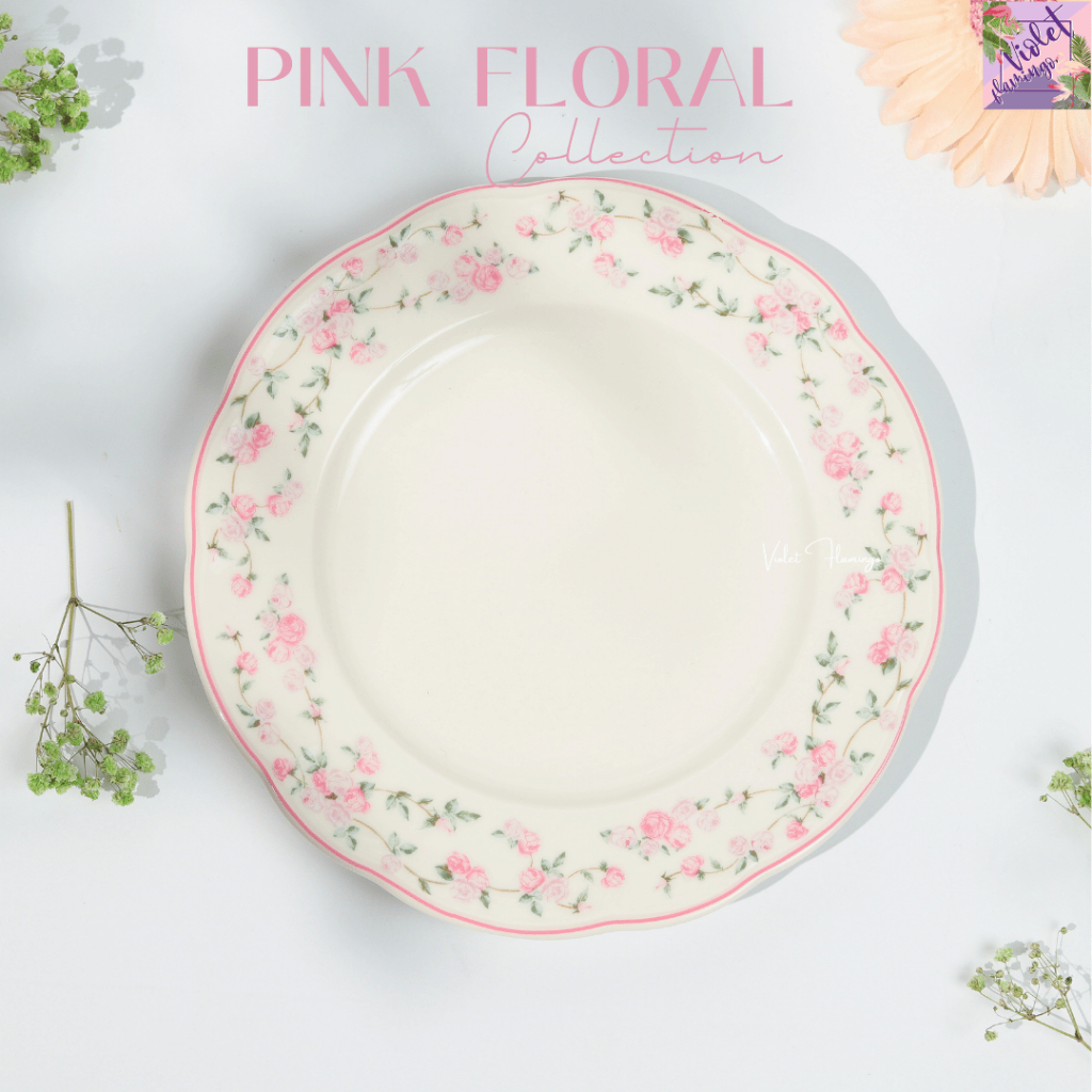 Violet Flamingo จานเซรามิกลายดอกไม้สีชมพู Pink Floral Plate งานส่งออกต่างประเทศ เกรดคุณภาพ