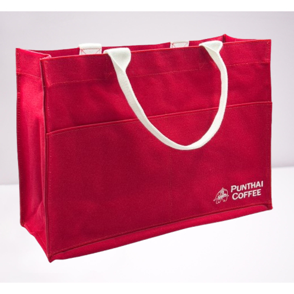 กระเป๋าผ้าแคนวาสพันธุ์ไทยสีเเดง หูจับสีขาว(Punthai Coffee)