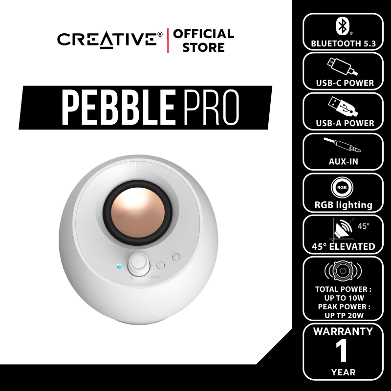 CREATIVE PEBBLE PRO ลำโพง 2.0 บูลทูธ 5.3 USB-C ไฟ RGB สีขาว thumbnail 5