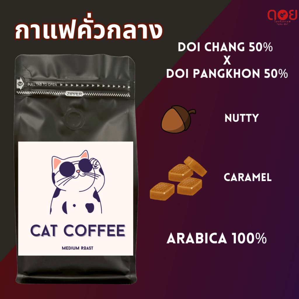 เมล็ดกาแฟดอยช้าง Cat Coffee อาราบิก้า 100% คั่วกลาง สู้นม ชงเองได้เปิดร้านน้ำเหมาะมาก สำหรับ (Espresso/Mokka Pot/ดริป)