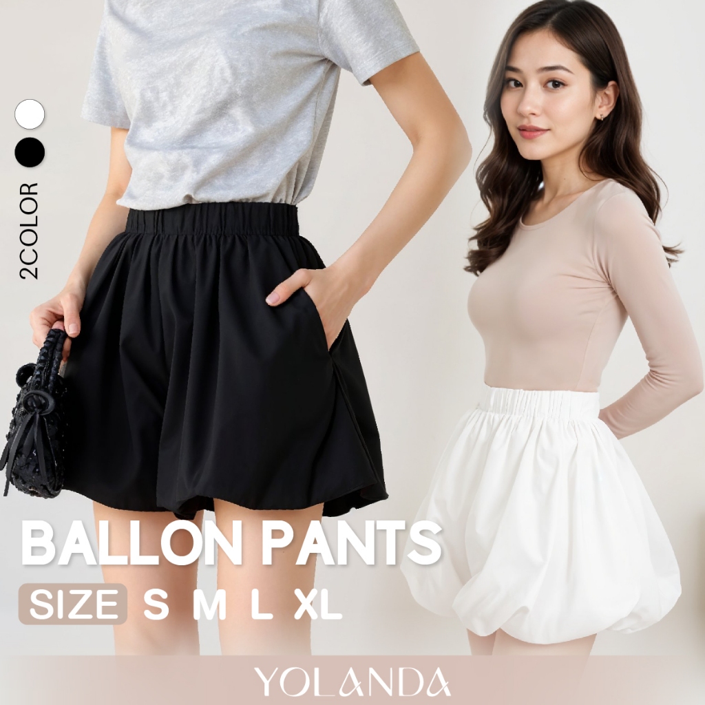 Yolanda กางเกงขาสั้น กางเกงบอนลูน สำหรับผู้หญิง เอวยางยืด มีกระเป๋า FF1104