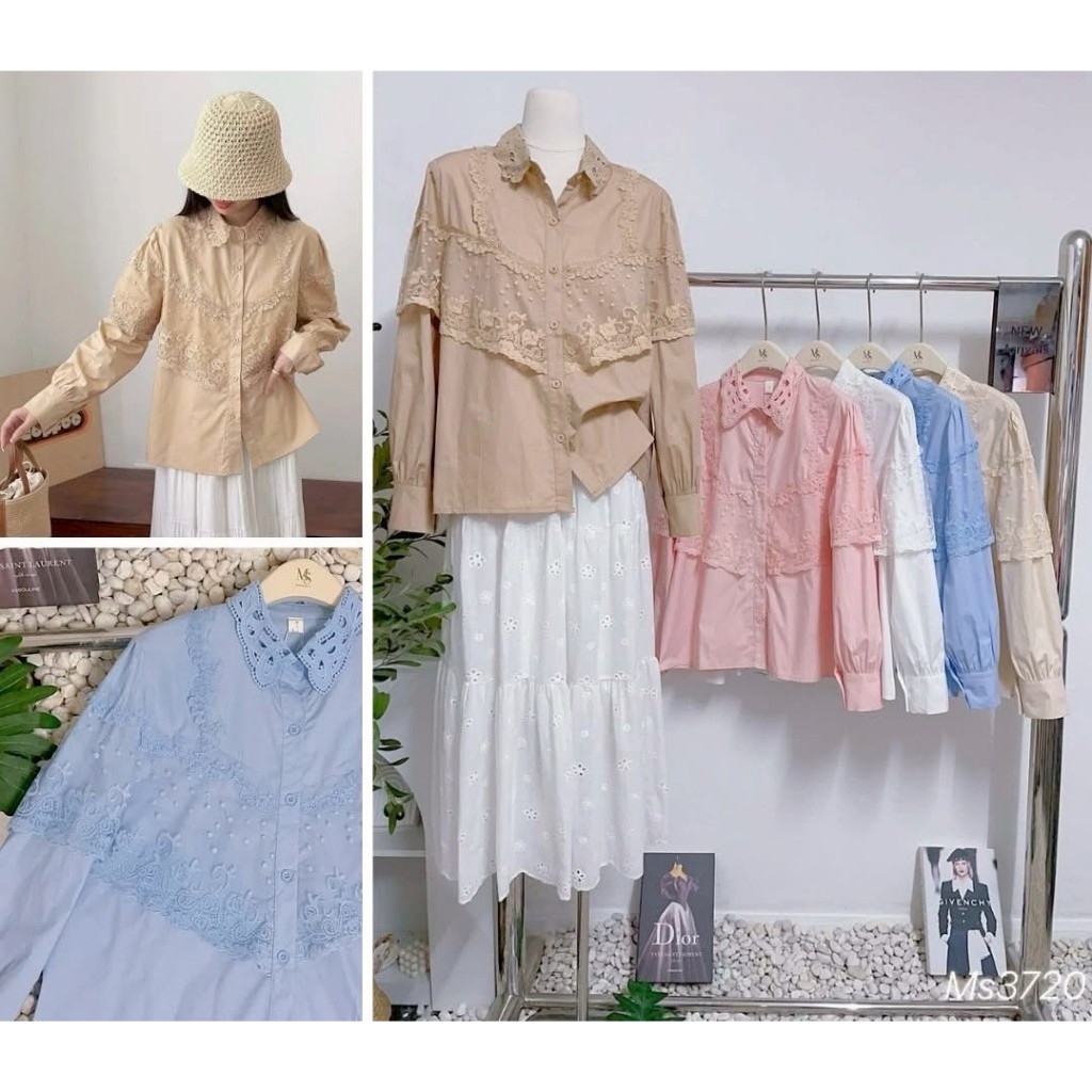 ป้าย My shop เสื้อผ้าคอตตอนแขนยาวแต่งลูกไม้ด้านหน้า อก 42 นิ้ว ยาว 24 นิ้ว