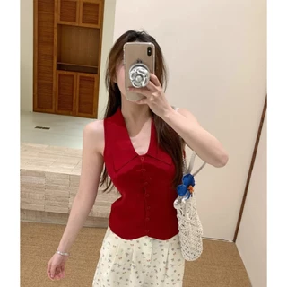 Cicishop(TZ8016) เสื้อไหมพรมแขนกุดคอปก แต่งกระดุม ทรงรัดรูป แฟชั่นสไตล์สาวเท่