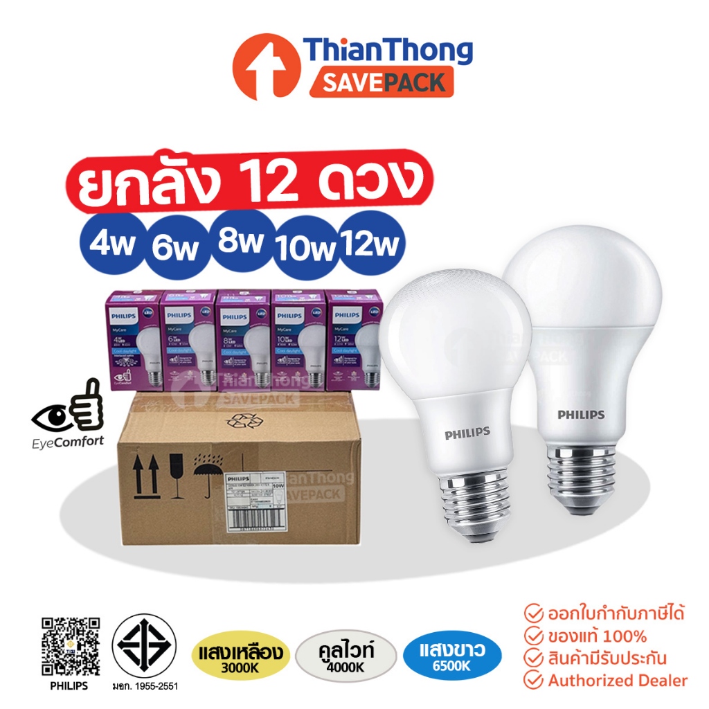 SavePack [สินค้ายกกล่อง 12 ดวง] Philips หลอดไฟ LED Bulb ขนาด 8W 10W 12W ขั้ว E27 รุ่น Mycare ถนอมสายตา
