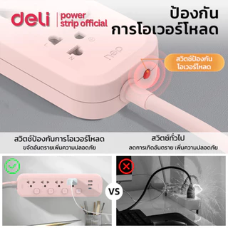 Deli ปลั๊กไฟ USB ปลั๊กไฟ 3ขา 2300W มอก สวิตช์ปิด-เปิด ตัดไฟได้ สายยาว 3m ทนความร้อน Power Socket