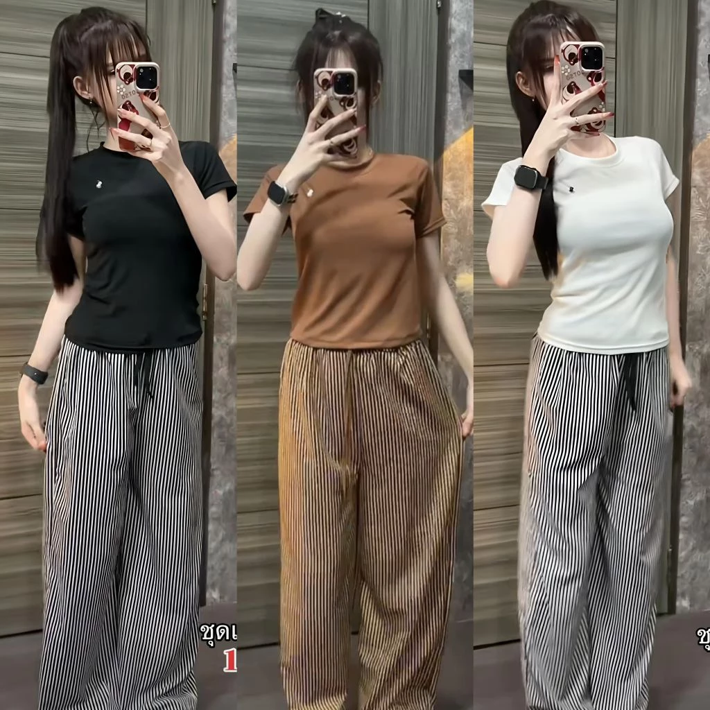 เซ็ท2ชิ้น ขายาวริ้ว งานปัก ลายสุดฮิต ราคาส่งถูกมาก