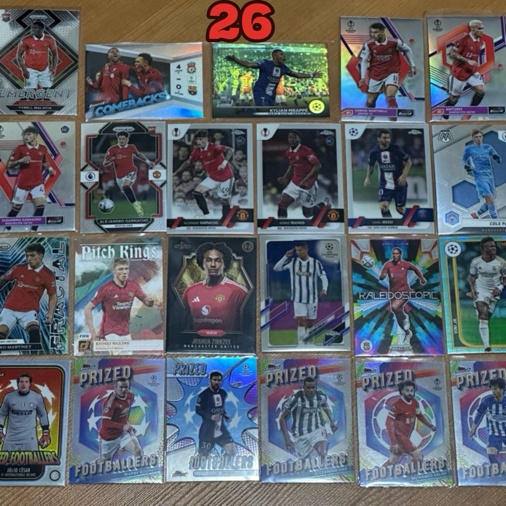 การ์ดสะสมฟุตบอล MESSI RONALDO และ (RC) ดาวรุ่ง PALMER MAINOO GARNACHO และนักเตะดังอีกมากมาย