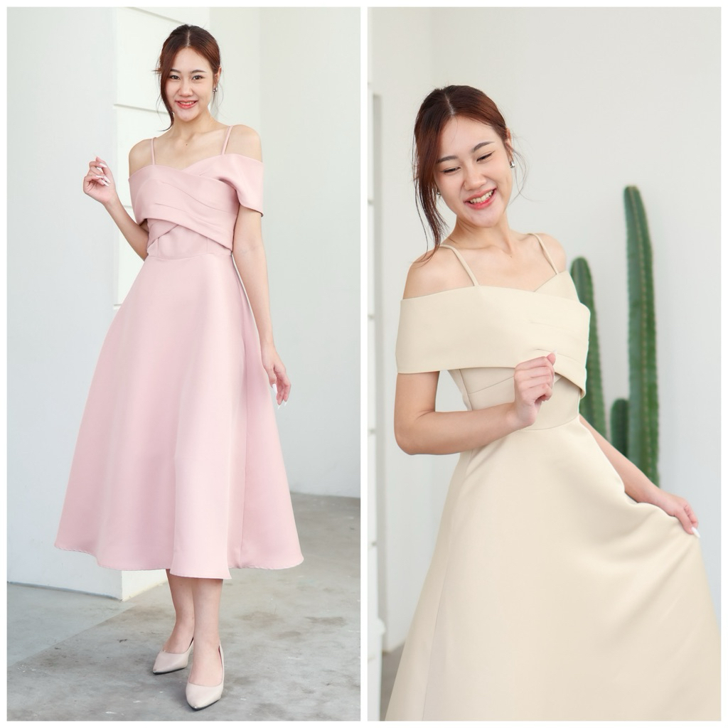 LX6113  Midi dress ออกงาน ไขว้อกสายเดี่ยว ชุดไปงานแต่ง ชุดออกงาน เดรสเพื่อนเจ้าสาว [LUXURY707]