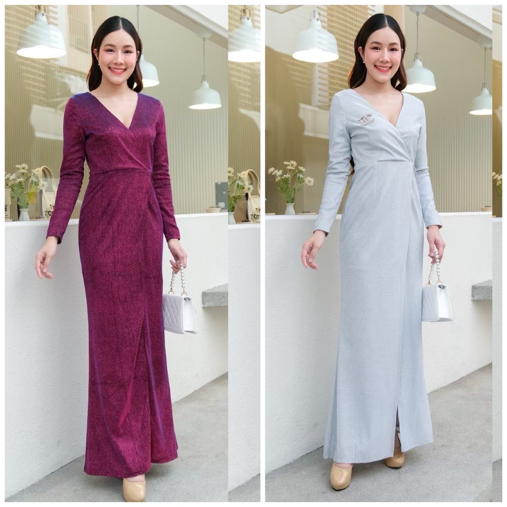 FN0306  แม๊กซี่แขนยาว เนื้อกลิตเตอร์วิบวับแต่ไม่เว่อร์ ชุดไปงานแต่ง ชุดออกงาน เดรสเพื่อนเจ้าสาว [LUXURY707]