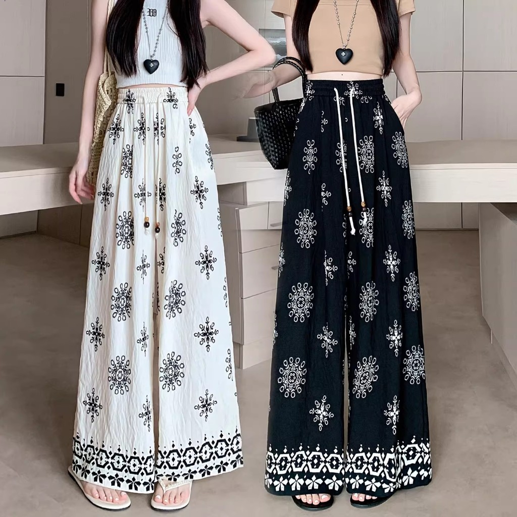 กางเกงลำลองพิมพ์ลายสไตล์โบฮีเมียนผูกเชือกสำหรับผู้หญิงฤดูร้อนปี 2026 กางเกงขายาวทรงหลวมเอวสูงแบบใหม่