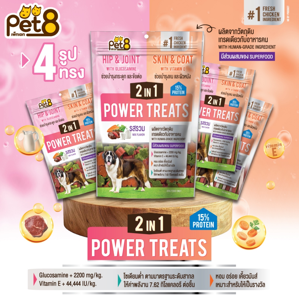 ขนมสุนัข สติ๊กไก่ รสรวม Power Treats 2in1 มีวิตามินอี และ กลูโคซามีน หอม อร่อย เคี้ยวมันส์450g