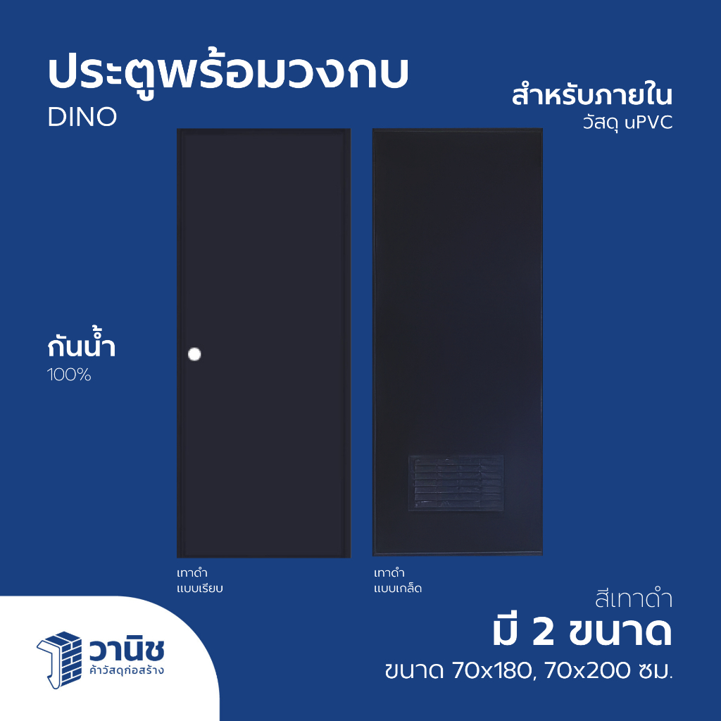 ประตู ประตูพร้อมวงกบ PVC DINO ขนาด 70 x 180, 70x200 ซม. สีเทาดำ แบบเจาะลูกบิด