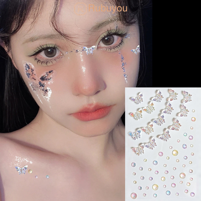 Rubuyou สติกเกอร์เพชร DIYรูปผีเสื้อดอกไม้3D คริสตัลออโรร่าสีสันสดใส ตกแต่งสําหรับตกแต่งใบหน้า ร่างกาย เทศกาล ปาร์ตี้-COD