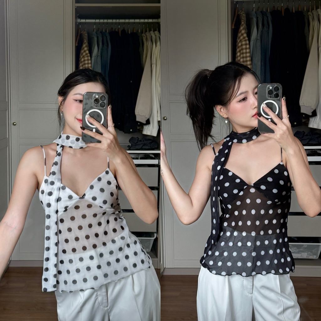 M133- เสื้อสายเดี่ยวตาข่ายลายจุด รุ่น “Dot Mesh” แถมผ้าผูกคอ
