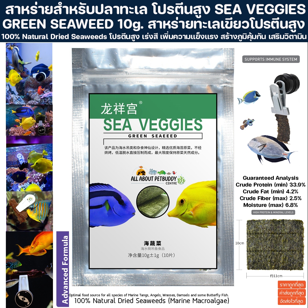 สาหร่ายสำหรับปลาทะเล แบบแผ่น โปรตีนสูง SEA VEGGIES 10g. GREEN SEAWEED สาหร่ายทะเลเขียว อาหารปลาทะเล ปลา ปลาทะเล สาหร่าย