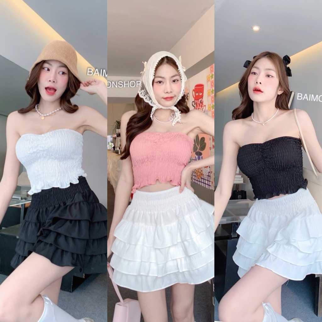🔥aimorn_shop🔥เสื้อเกาะอก ลายดอกไม้ฉ่ำๆ สีสันสดใสรับซัมเมอร์สุดๆ งานด้านหลังเป็นสม็อค ผ้าใส่สบายมาก