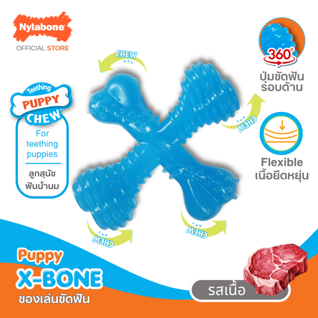 Nylabone Puppy Chew Comfort Hold X Bone Beef Flavor กระดูกขัดฟัน ของเล่นลูกสุนัข ไร้สารพิษ Dog Toy