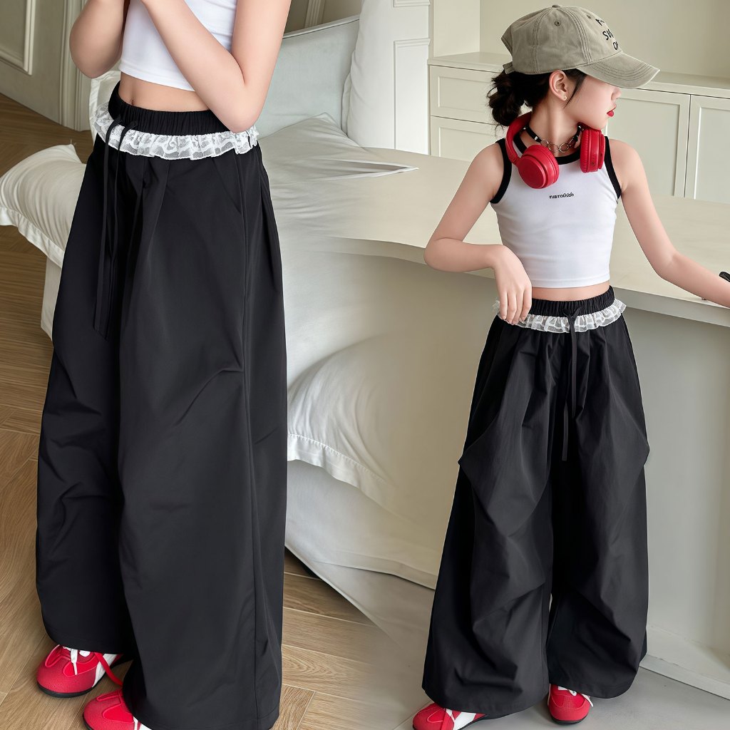 2-16 ปี แฟชั่น สไตล์เกาหลี กางเกงคาร์โก้เด็กผู้หญิง กางเกงขายาวลําลอง กางเกงขากว้าง มีเชือกผูกที่เอว - รูปที่ 3