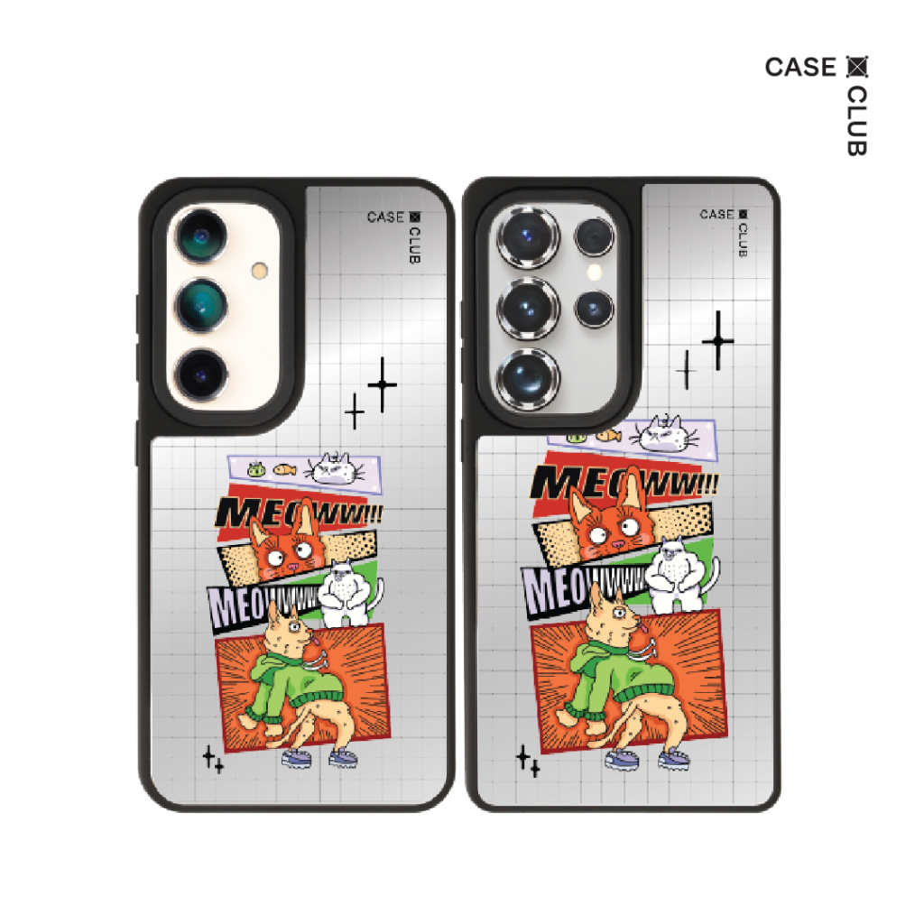 CaseClub เคส ซัมซุง เคส Samsung เคส กระจก ลาย Comic Cat สำหรับ Galaxy S25 Ultra / S25 / S24 Ultra / 