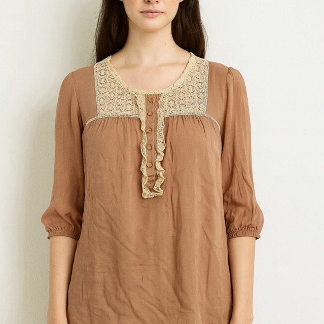 ZARA WOMAN (ซาร่า วูแมน) ขนาด: EUR M / USA M / MEX 28🌸 เสื้อคอปกลูกไม้สไตล์วินเทจ โทนพีชนู้ดละมุนมาก