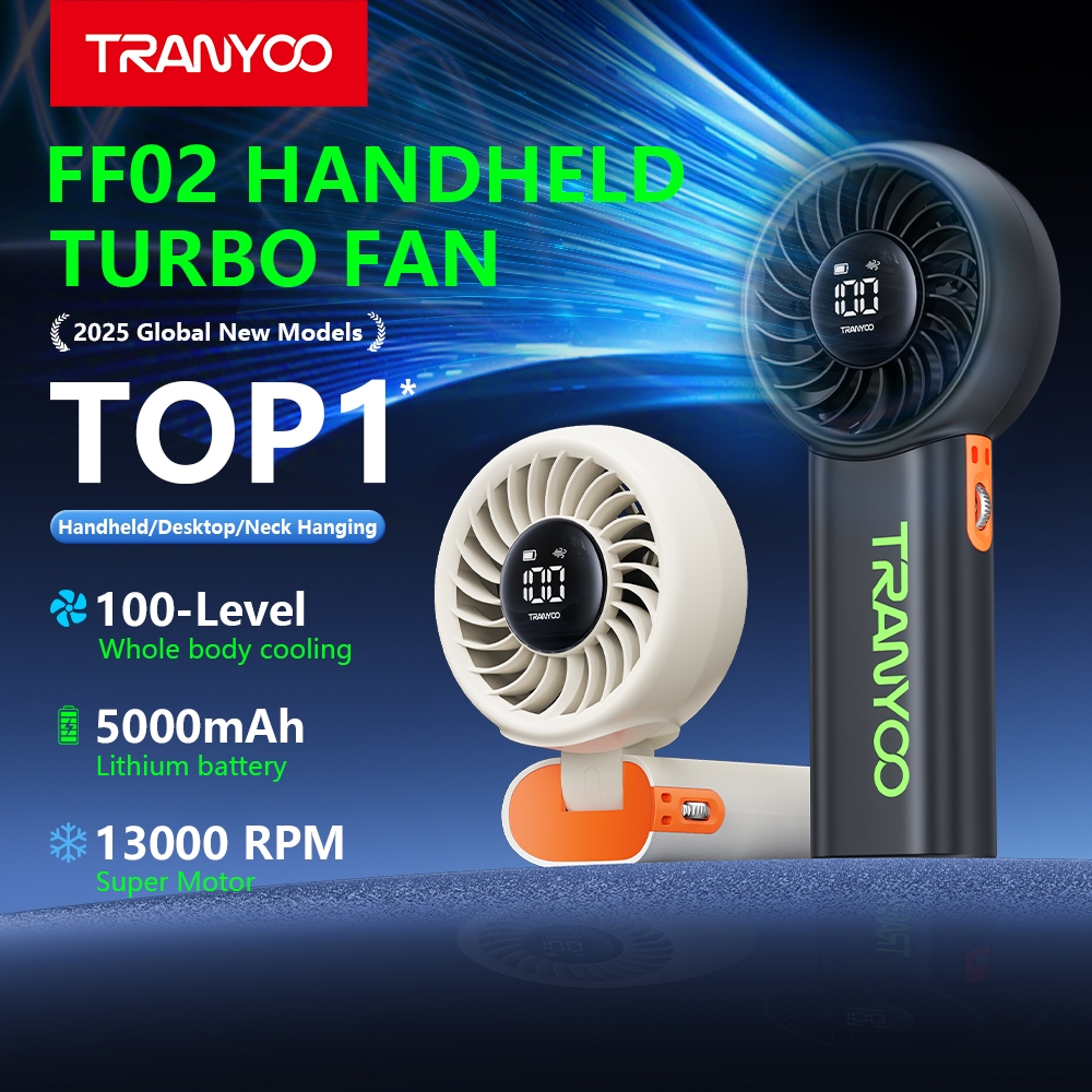 TRANYOO FF02 พัดลมพกพา แบตเตอรี่ 5000mAh พัดลมมือถือ ความเร็วสูง การทำงานเงียบ ปรับความเร็วได้ พัดลมหยิบมือพับได้