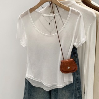 เสื้อยืดแขนสั้นบางสำหรับผู้หญิง สไตล์ฝรั่งเศส 2025 ฤดูร้อน เ…