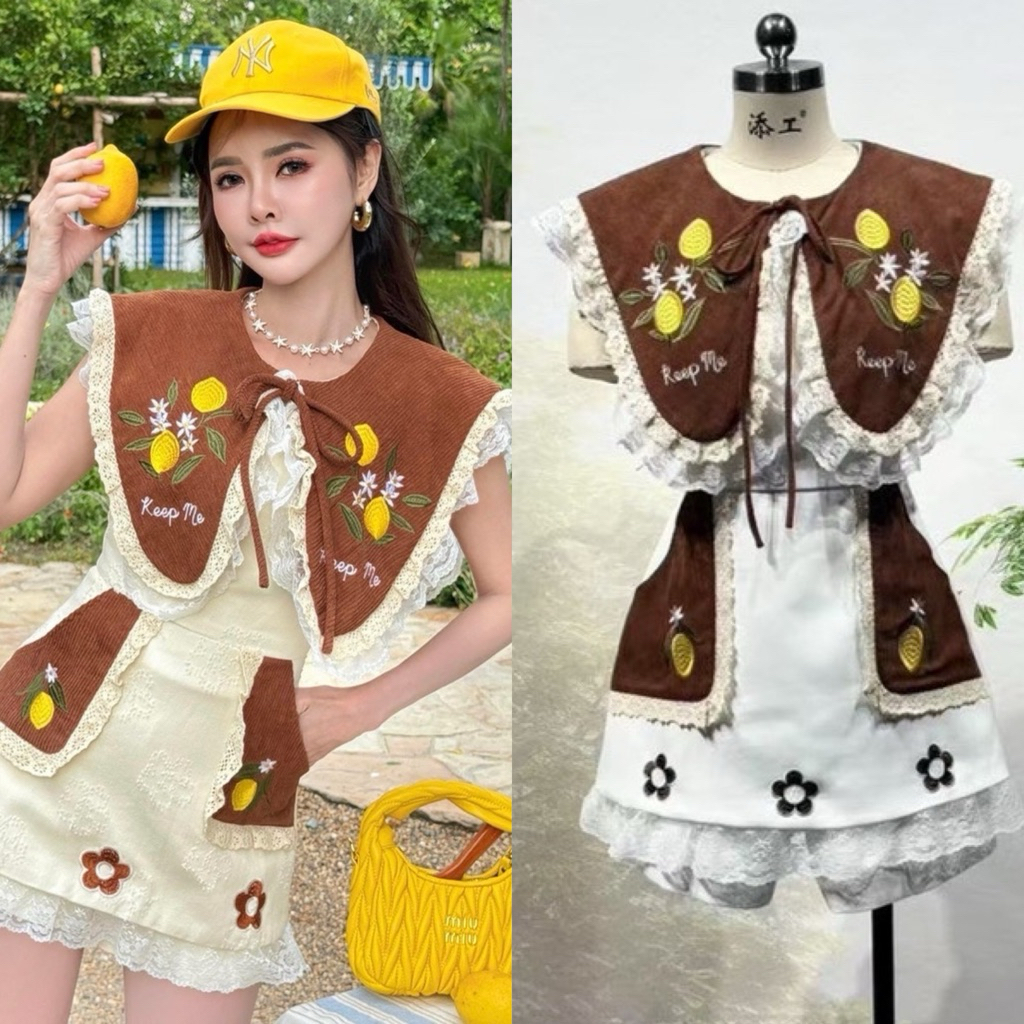 (m-4xl) ชุดเซตกางเกงขาสั้น เสื้อคอปก+กางเกงขาสั้น งานปักทั้งชุด น่ารักมากๆ งานป้าย thanyacha