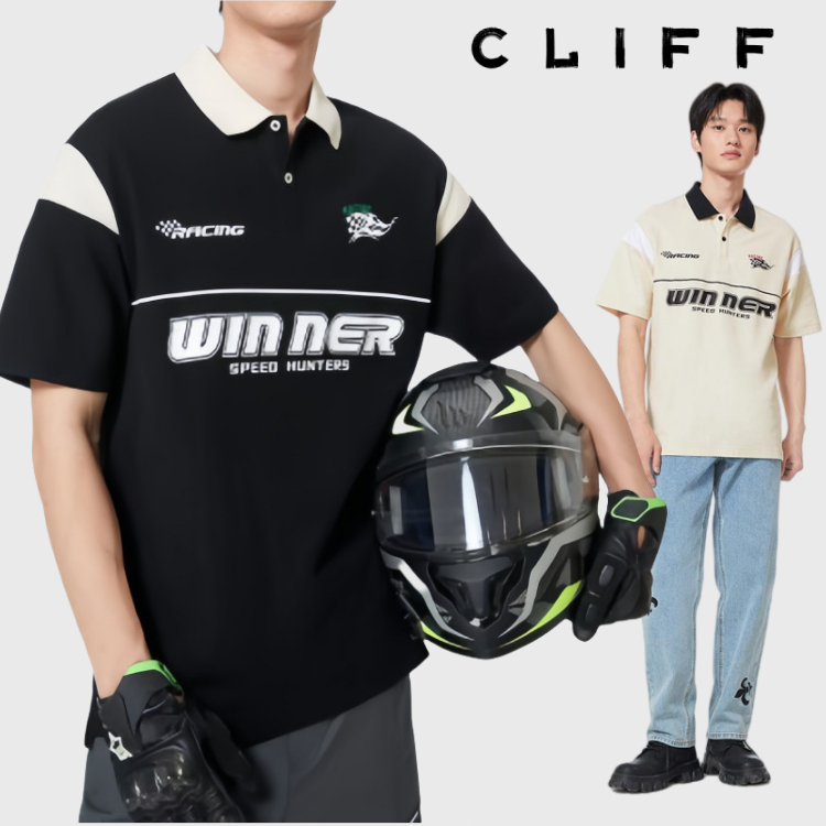 CLIFF แขนสั้นคอปกสำหรับฤดูร้อน พิมพ์ลายดิจิตอล เสื้อยืดผู้ชาย ลำลอง Oversize